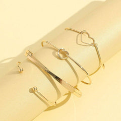Gold Stackable Bangle Bracelet Set - Heart & Knot Design - Trendy Arm Cuffs