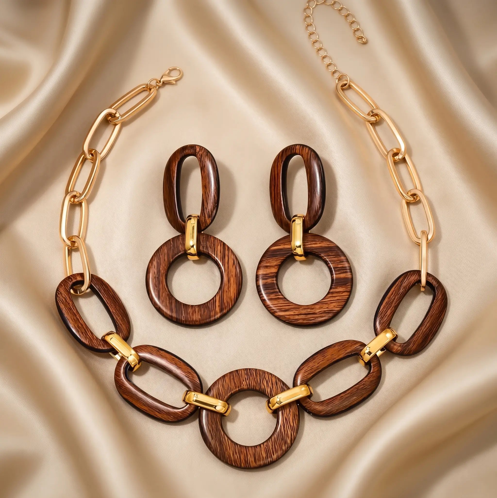 Statement Wooden Link Necklace and Earrings Set - Ethnic Jewelry Pakistan | Ornavella